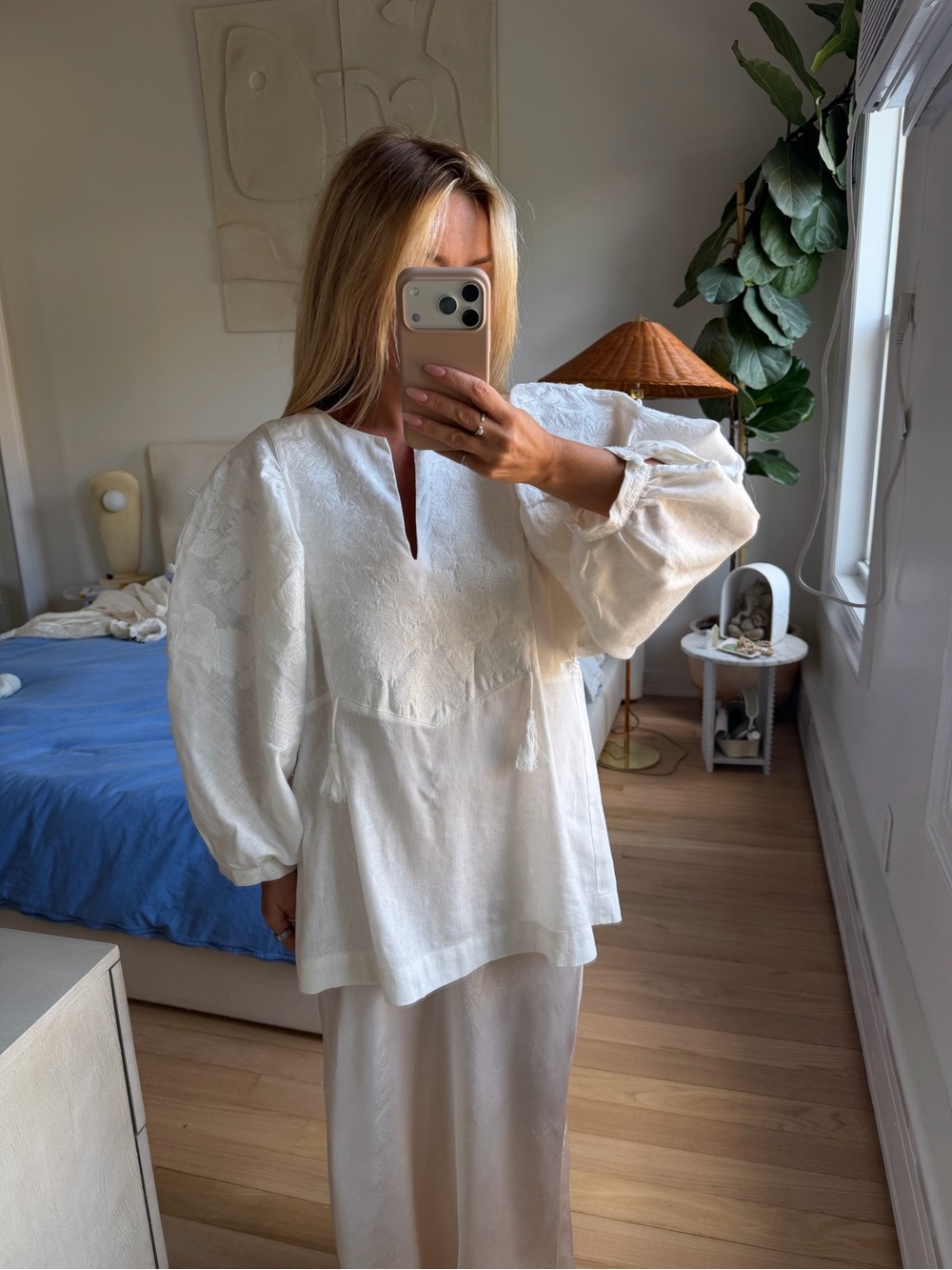 Caara Linen Off White Blouse Baloon Sleeves XS